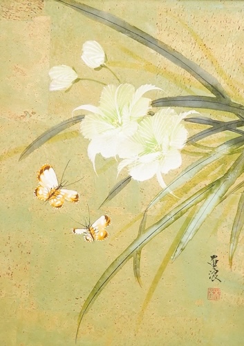 Chinese school, butterflies amongst flowers, mixed media on textured paper, signed with character marks and red seal mark, 38 x 28cm